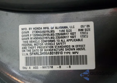 2010 Honda Odyssey Touring z USA, uszkodzony, nr VIN 5FNRL3H99AB018910